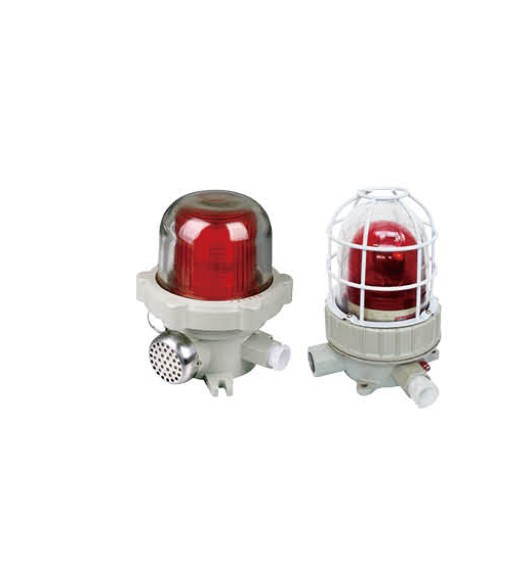 BBJ explosion-proof sound and light alarm &mdash; two body types with red beacons, the left unit fitted with a sounder