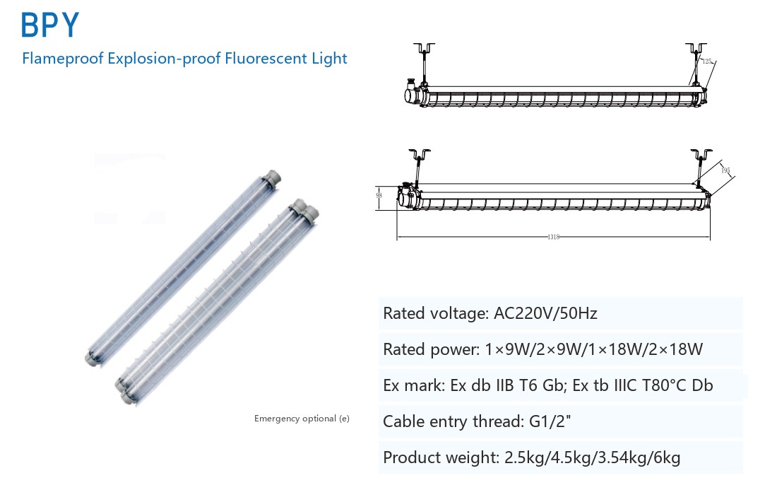 BPY specification sheet: mounting views with the drawn length and bracket dimensions, rated voltage and power, Ex marking, cable entry thread and weights
