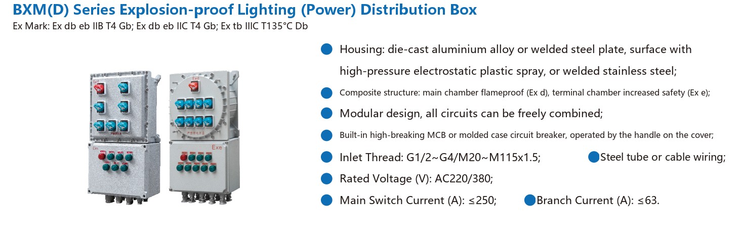BXM(D) series explosion-proof lighting (power) distribution box specification sheet: Ex marking, housing, composite structure, circuit breaker, inlet thread, rated voltage and currents