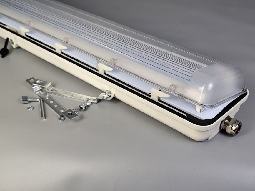 BYS lamp shown with its mounting brackets, bolts and cable gland