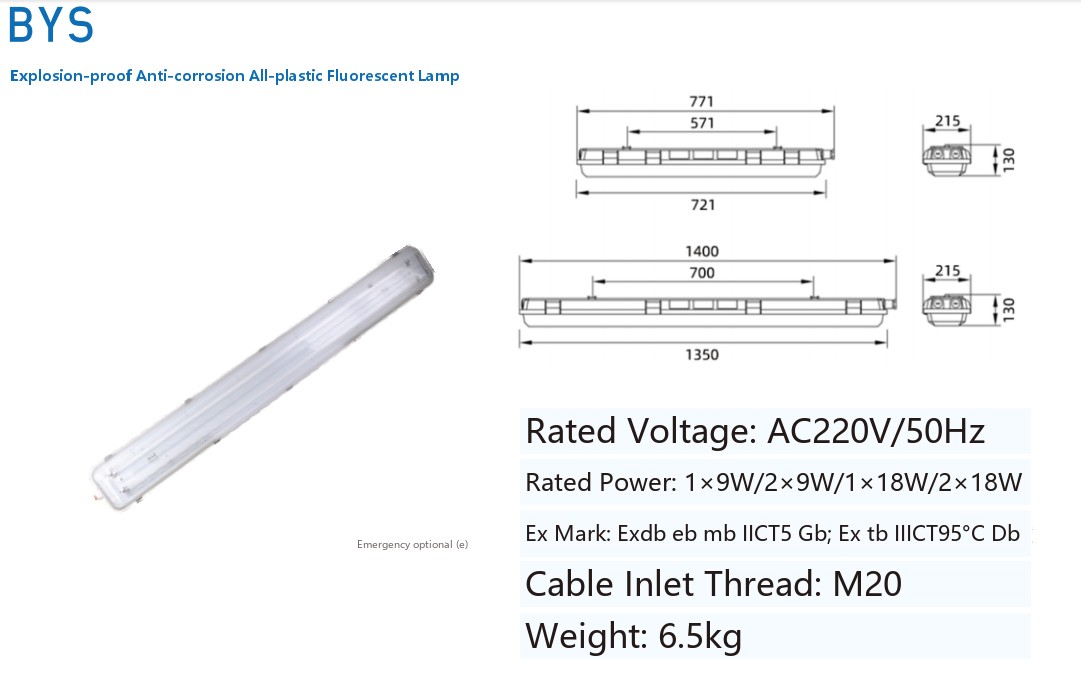 BYS specification sheet: rated voltage, rated power, Ex marking, cable inlet thread, lengths and weight