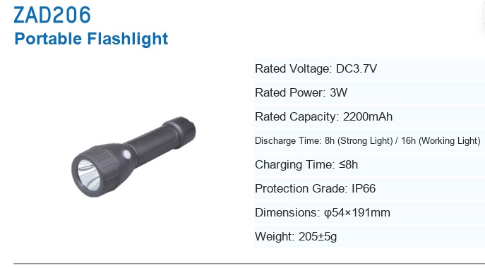 ZAD206 Portable Flashlight &mdash; manufacturer&rsquo;s specification sheet