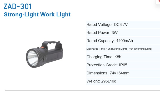 ZAD301 Strong-Light Work Light — manufacturer’s specification sheet