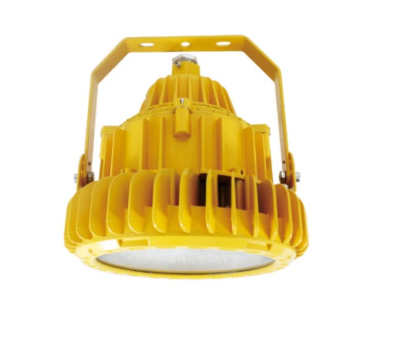 ZBD107 explosion-proof LED light with adjustable yellow mounting yoke and finned die-cast body