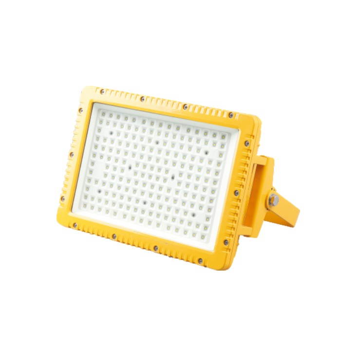 ZBD111 explosion-proof LED light with yellow housing, LED array behind a bolted clear cover and adjustable mounting bracket