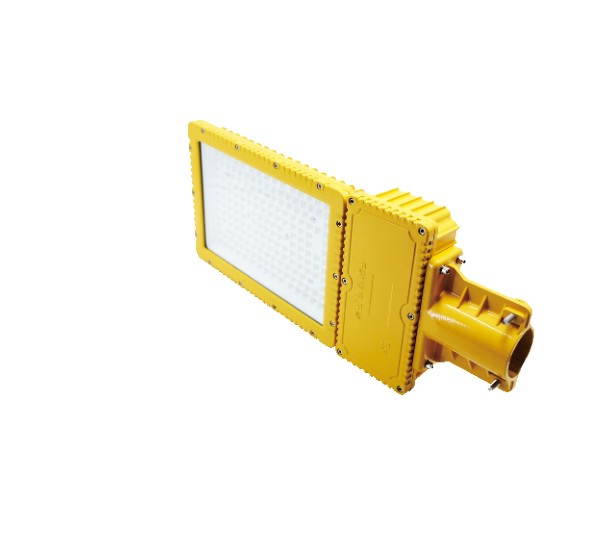 ZBD111L LED explosion-proof road light &mdash; yellow finned die-cast body with a framed LED panel and an adjustable spigot mount