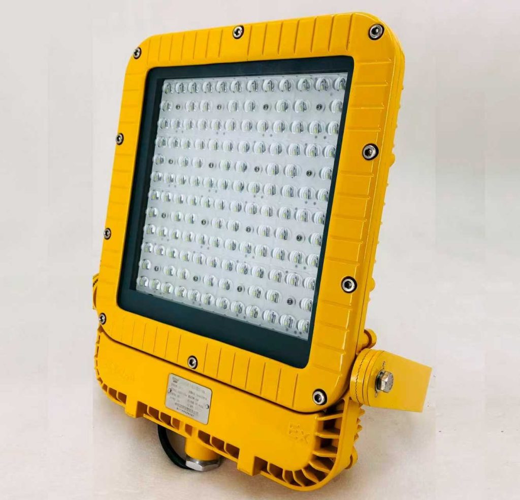 ZBD113 square explosion-proof LED floodlight with yellow die-cast housing and adjustable mounting bracket