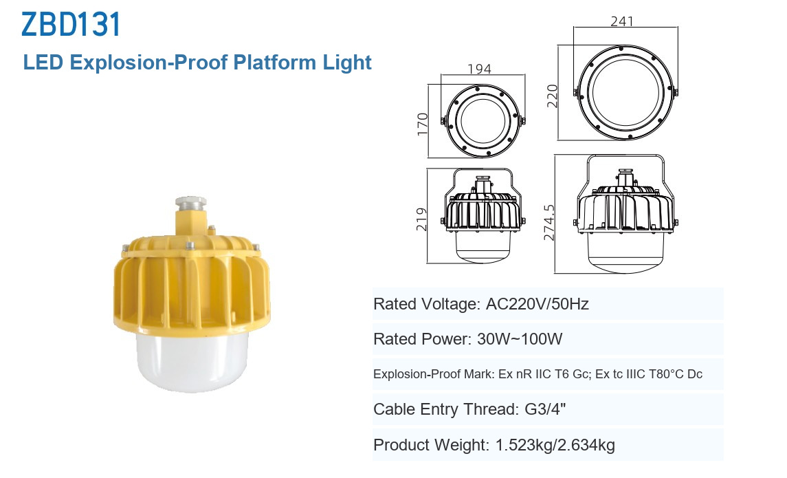 ZBD131 LED explosion-proof platform light — dimensional drawings and technical data (English)