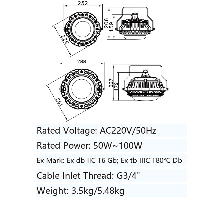 ZBD133 explosion-proof light dimensional drawing showing the 252 mm and 288 mm housing sizes with overall and body heights