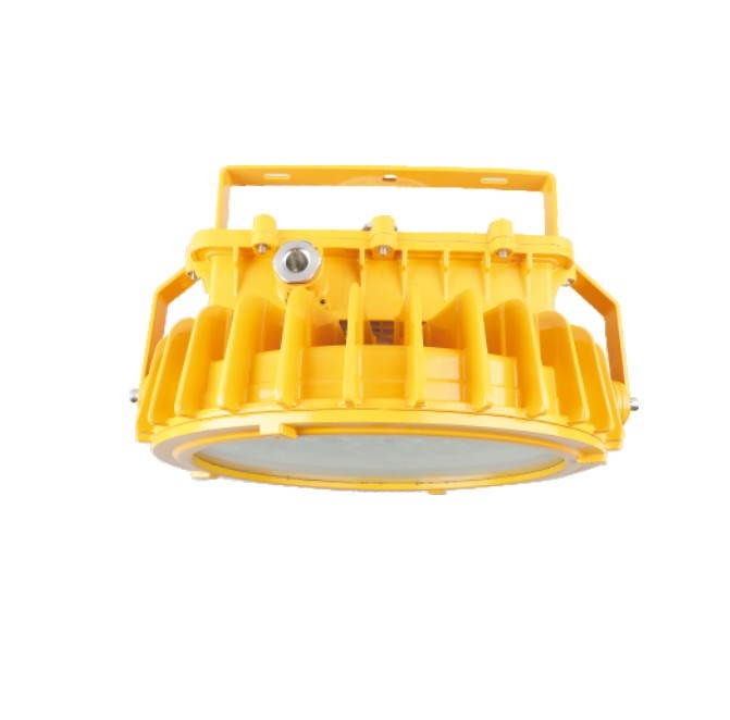 ZBD140 explosion-proof LED light with yellow finned housing, flat round face and bolted mounting bracket