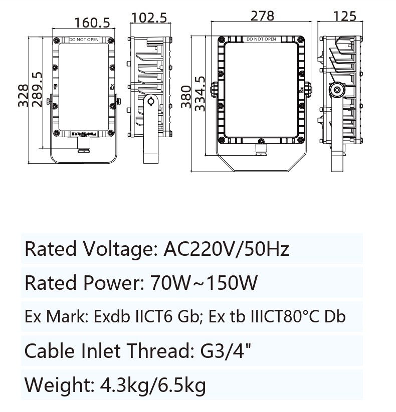 ZBD154 specification sheet: rated voltage, rated power, Ex marking, cable inlet thread, dimensions and weights for both sizes