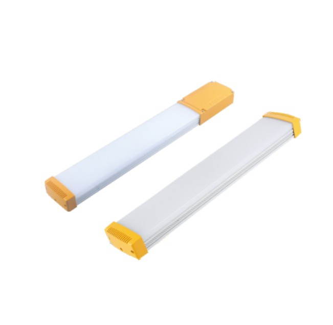 ZBD190 explosion-proof energy-saving LED light &mdash; slim aluminium body with a white diffuser and yellow end caps