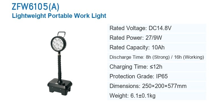 ZFW6105A Lightweight Portable Work Light &mdash; manufacturer&rsquo;s specification sheet