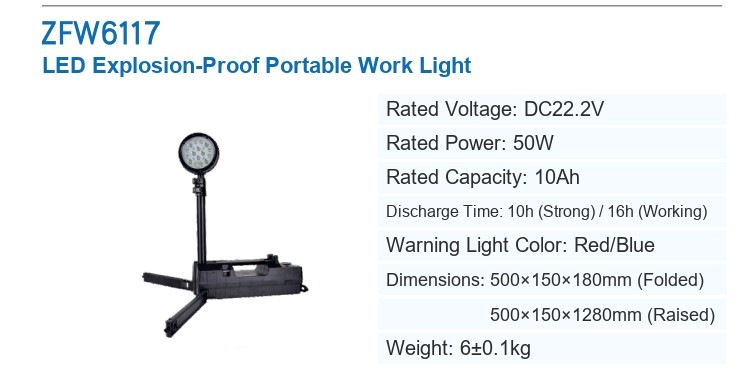 ZFW6117 LED Explosion-Proof Portable Work Light &mdash; manufacturer&rsquo;s specification sheet