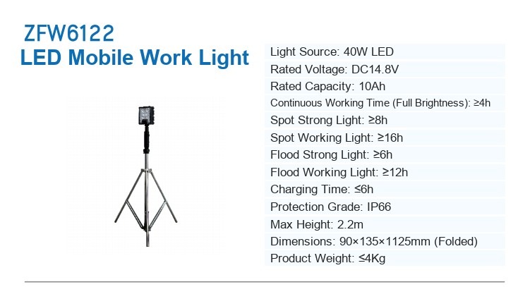 ZFW6122 LED Mobile Work Light — manufacturer’s specification sheet