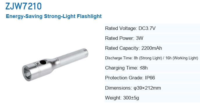 ZJW7210 Energy-Saving Strong-Light Flashlight — manufacturer’s specification sheet