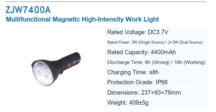 ZJW7400A Multifunctional Magnetic High-Intensity Work Light &mdash; manufacturer&rsquo;s specification sheet