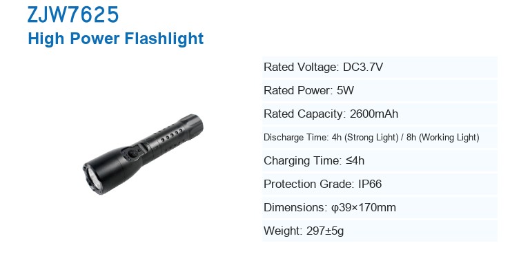 ZJW7625 High Power Flashlight &mdash; manufacturer&rsquo;s specification sheet
