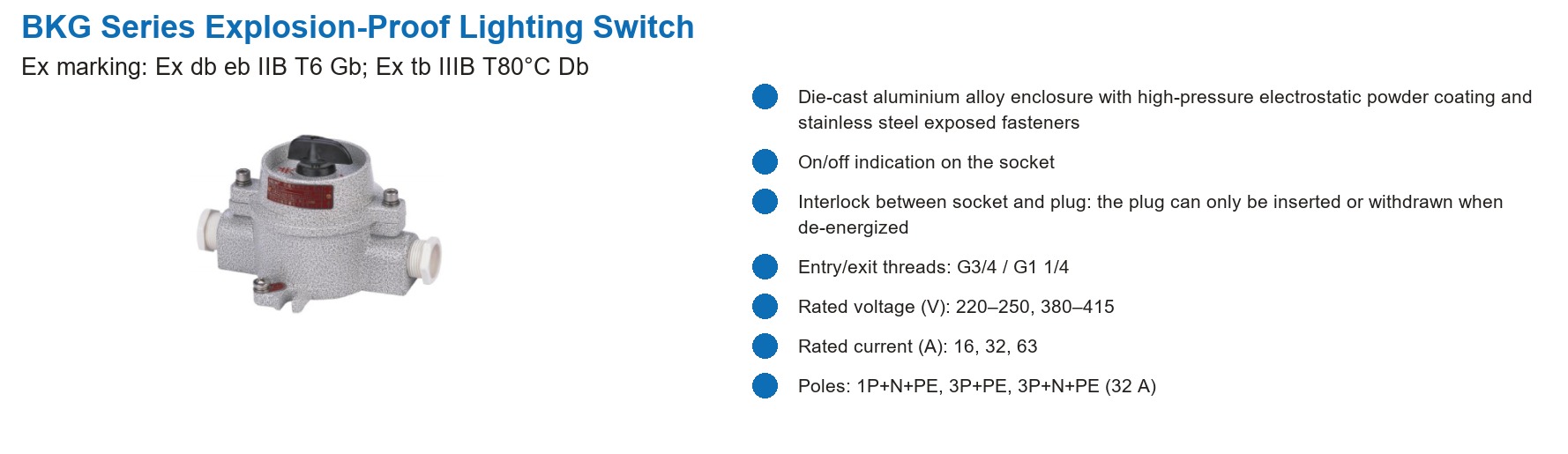 BKG Series Explosion-Proof Lighting Switch specifications