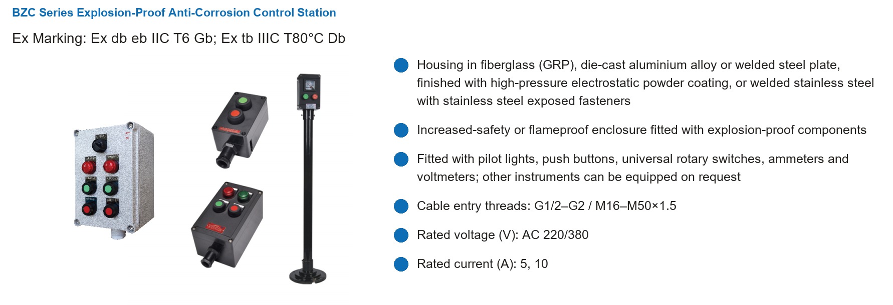 BZC control station specifications: Ex marking, housing materials, cable entry threads and rated values
