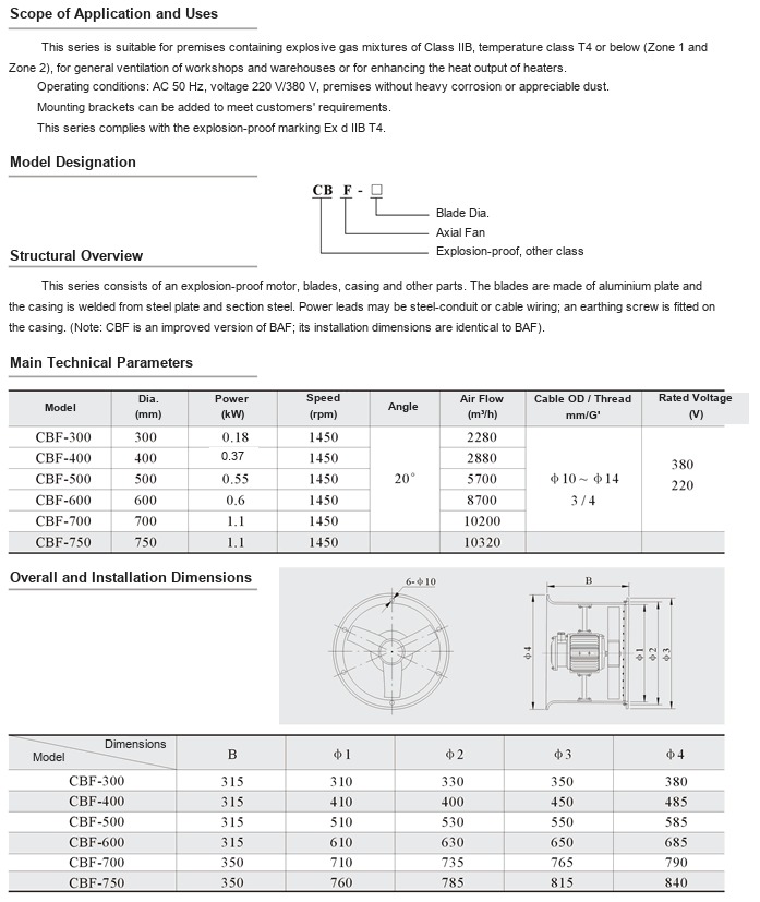 CBF Series Explosion-Proof Axial Fan &mdash; manufacturer&rsquo;s specification sheet