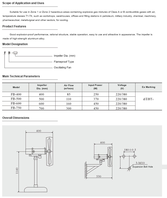 FB Series Explosion-Proof Oscillating Fan &mdash; manufacturer&rsquo;s specification sheet