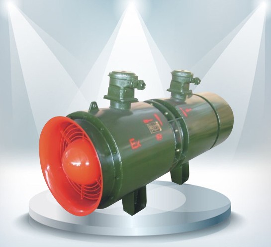 FBCD mine flameproof extraction-type contra-rotating axial local ventilation fan, green casing with red inlet collector