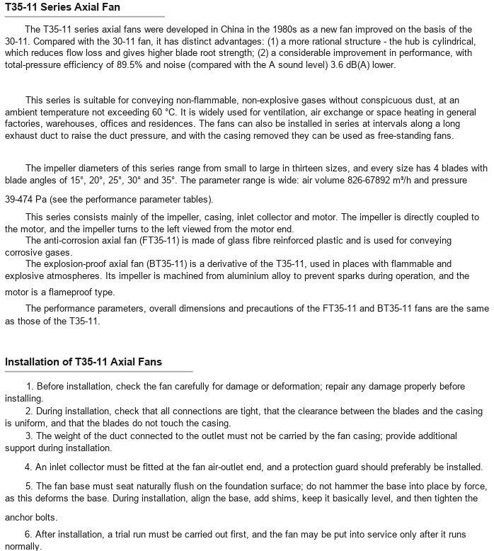 T35-11 Series Axial Fan &mdash; manufacturer&rsquo;s specification sheet covering the BT35-11 and FT35-11 derivatives